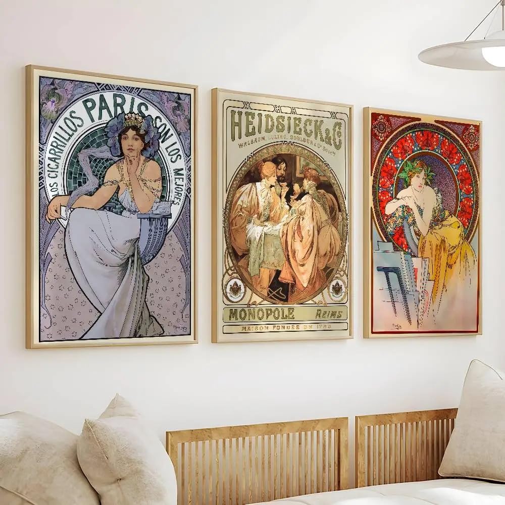 Fresque moderne Alfons Mucha affiche rétro triptyque 60x80cm pour grand salon - 6