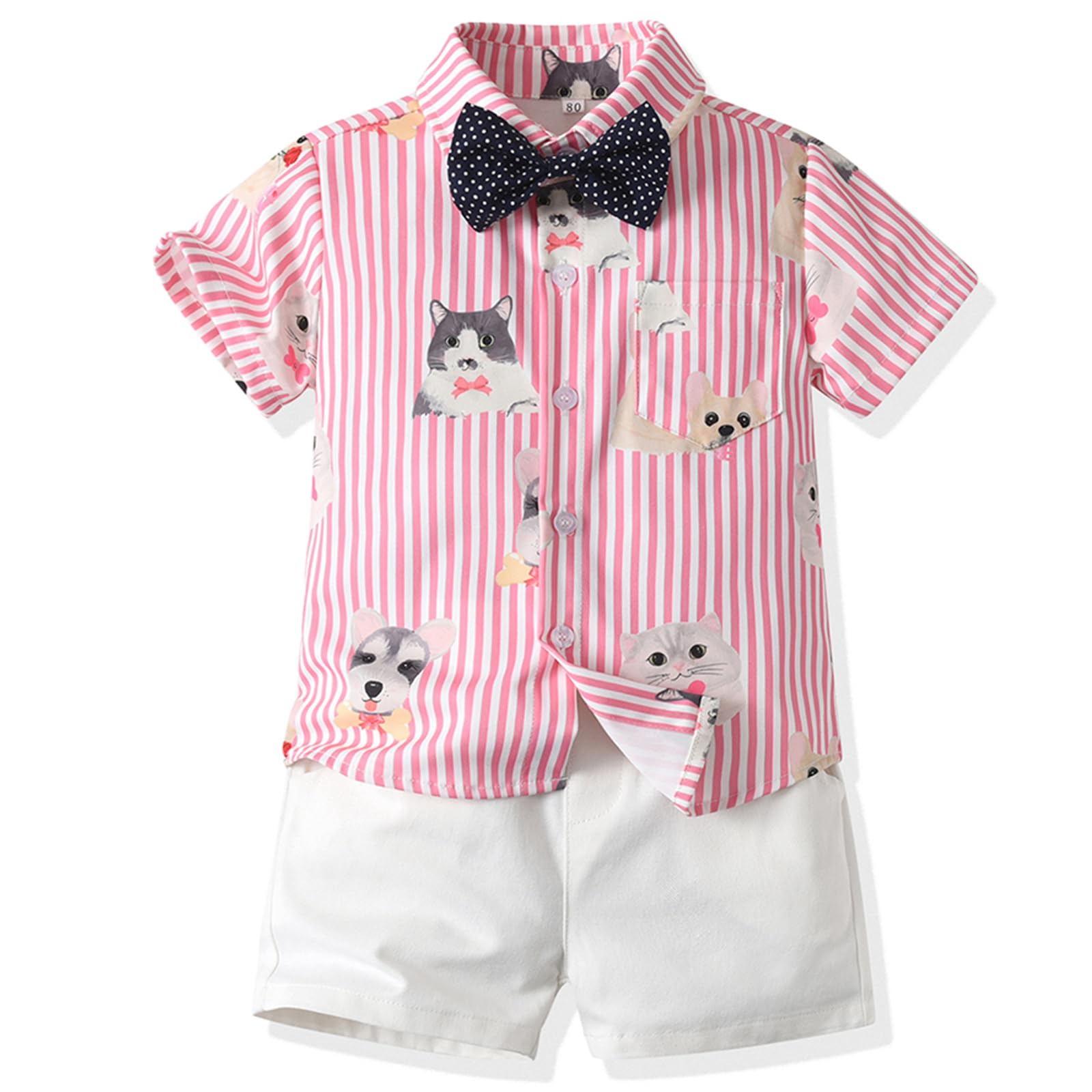 Yoolhamy Toddler Boys Summer Outfits Animals Print Short Sleeve Shirt and Shorts Set with Bowtie Beach Clothes for 1-4 Years