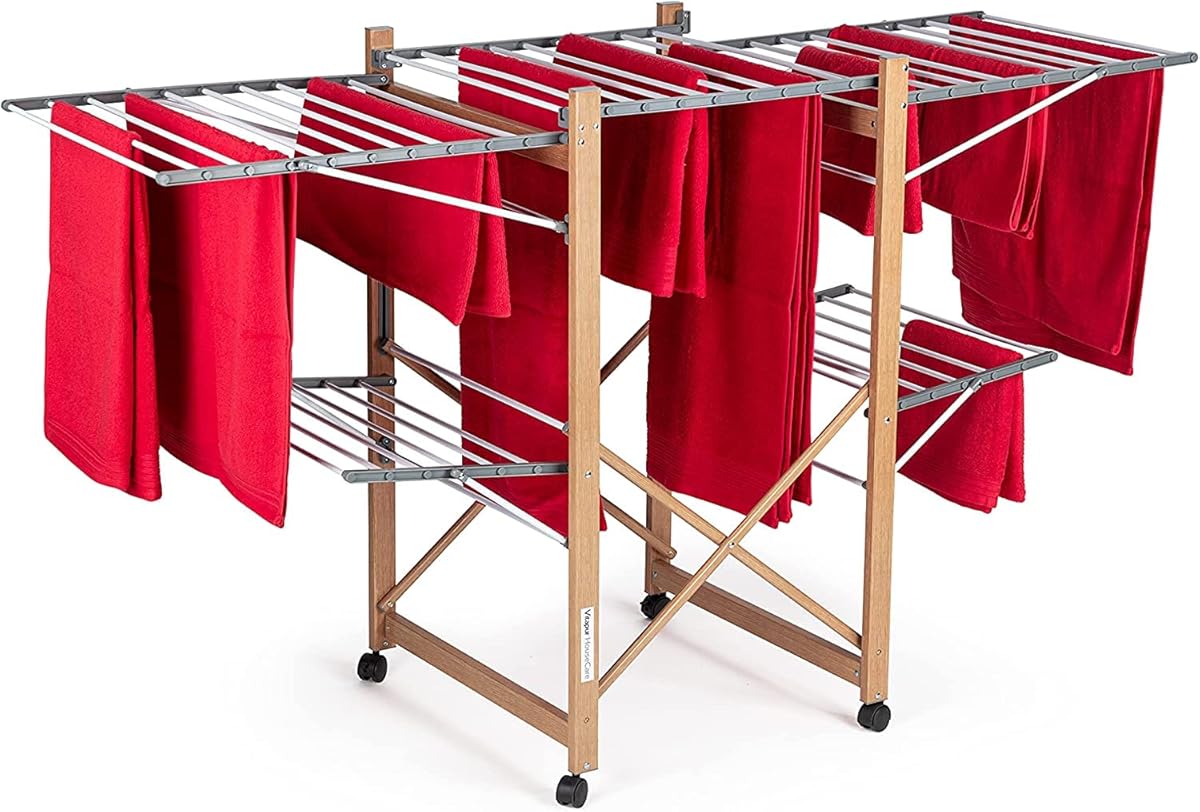 Vitapur House Care XXL Wäscheständer mit Rollen - 2 Ebenen Standtrockner 21m Trockenlänge - Klappbar 12cm Holzoptik - Mobile Flügelwäschetrockner Innen Außen - 25kg Belastbar 136x69cm Platzsparend