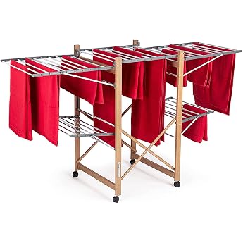 Vitapur House Care XXL Clothes Airer with Wheels - 2 Levels Standing Dryer 21 m Drying Length - Foldable 12 cm Wood Look - Mobile Wing Clothes Dryer Indoor Outdoor - 25 kg Load Capacity 136 x 69 cm Space Saving