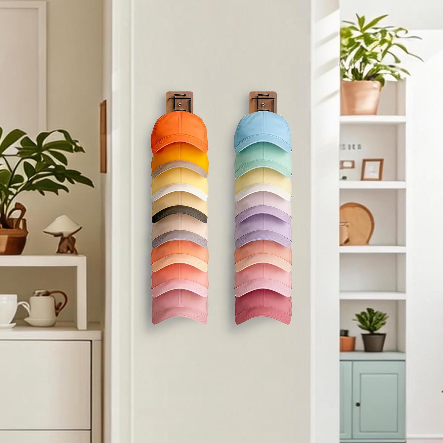 2 Pack Hat Organizer for Baseball Caps, Wood & Metal Hat Rack for Wall, Hat Storage for 22 Caps with Strong Adhesive/Wall Drilled for Door, Wall and Closet (Brown)