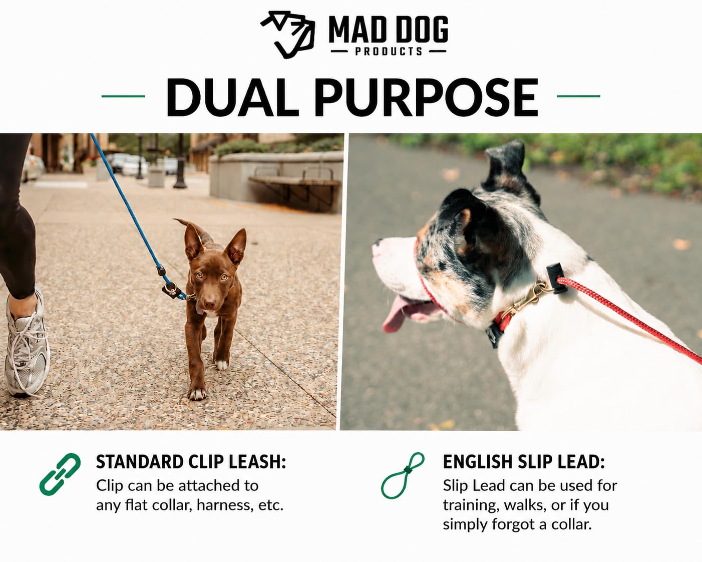 Correa de perro de doble propósito de 0.5 pulgadas x 6 pies, cuerda distintiva roja/blanco/azul, fabricada en Estados Unidos por Mad Dog Products