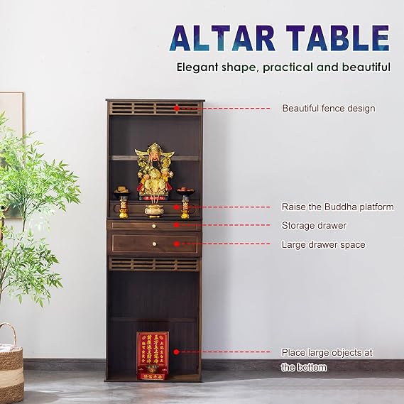 Altar Table With Drawer And Pull-out Shelf, Altar Cabinet For Storage, Meditation Display For Spiritual Practice, Traditional Altar For Worship, Temple For Home Pooja Mandir