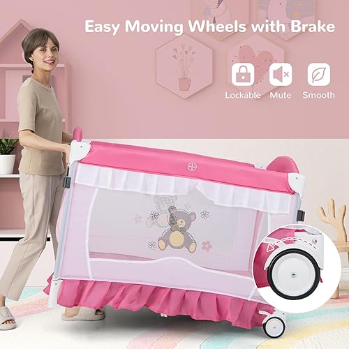 Miniatura 5 de HONEY JOY Parque Infantil 4 en 1 con Toldo, Corralito Portátil para Bebé con Mesa Cambiadora y Moisés para Bebés, Lindos Juguetes y Música, Moisés