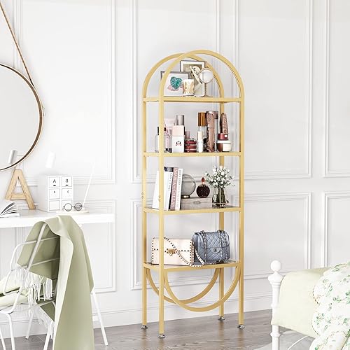 Miniatura 6 de Freestanding Gold Bookshelves with Glass Shelves Storage, Modern Gold Bookcase with 4 Tier Glass Shelves, Gold Storage Organizer for Office, Living