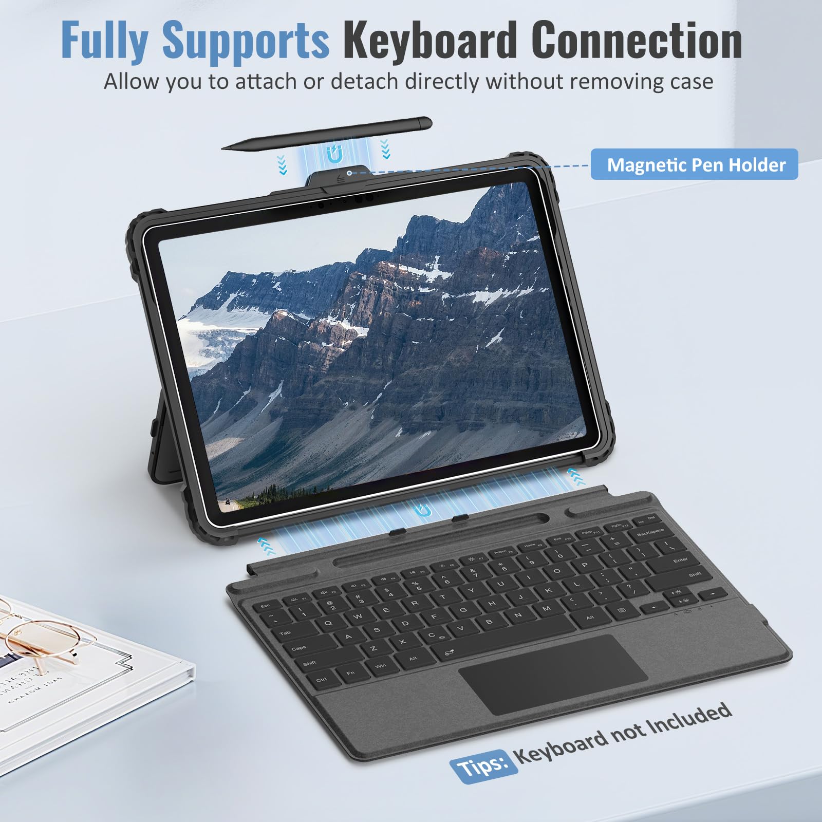 TiMOVO Case for Microsoft Surface Pro 12 Inch 2025 with Pen Holder, Rugged Clear Back Protective Cover with Removable Hand Strap, Compatible with Type Cover Keyboard, Black