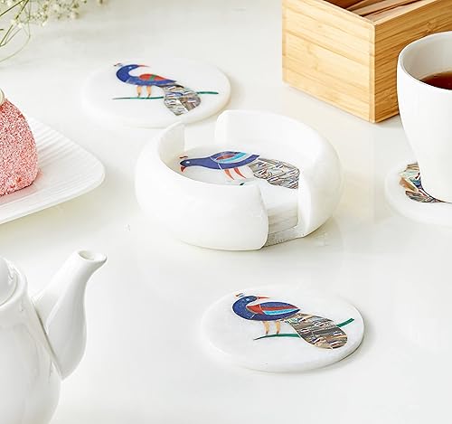Miniatura 2 de Posavasos de mármol para bebidas, juego de 6 posavasos para bebidas con soporte, arte de pavo real con incrustaciones de mármol, posavasos de lujo