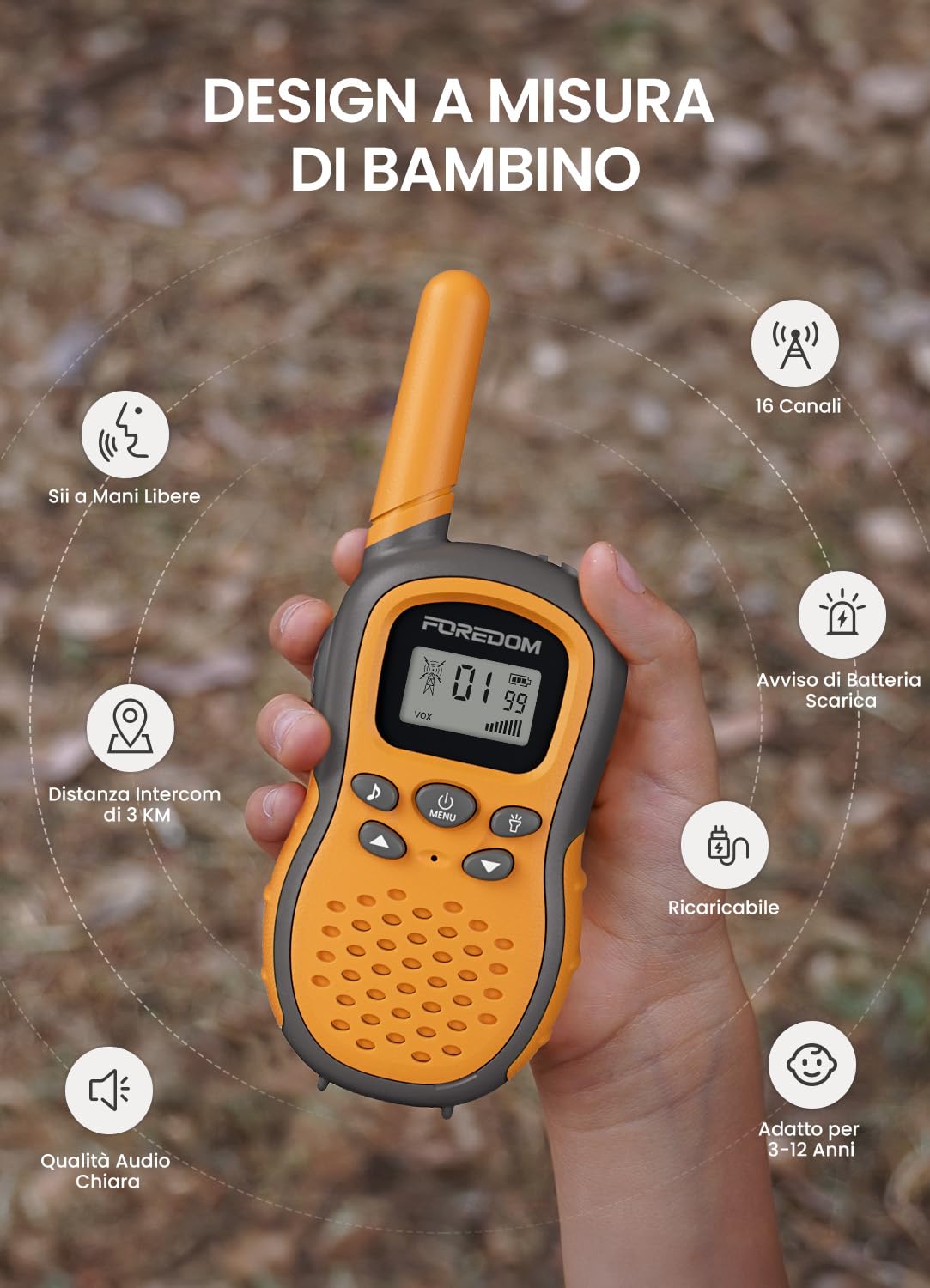 FOREDOM Walkie Talkie Ricaricabili per Bambini di Età Compresa tra 3 e 12 Anni Regalo di Compleanno con Torcia, Confezione da 2 – Arancione