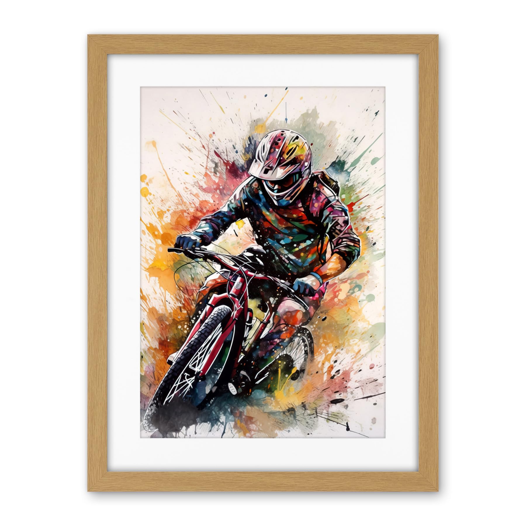 Artery8 Mountain Biker Action Shot Paint Splat Portrait Artwork Framed Wall Art Print 18X24 Inch