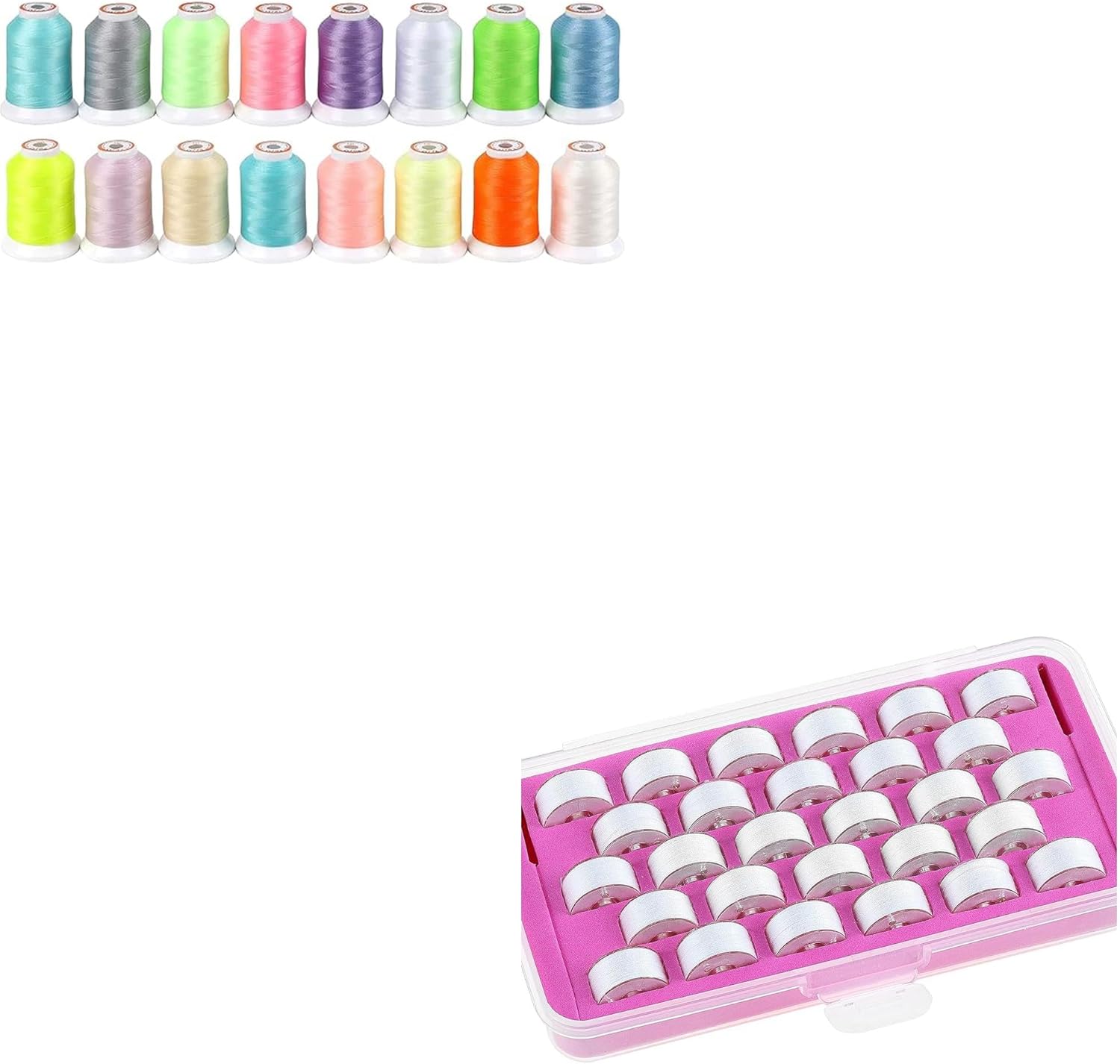 New brothread 16 Colors Luminary Glow in The Dark Embroidery Machine Thread Kit 30WT 500M(550Y)+28pcs White 60S/2 (90WT) Prewound Bobbin Thread Plastic Size A SA156