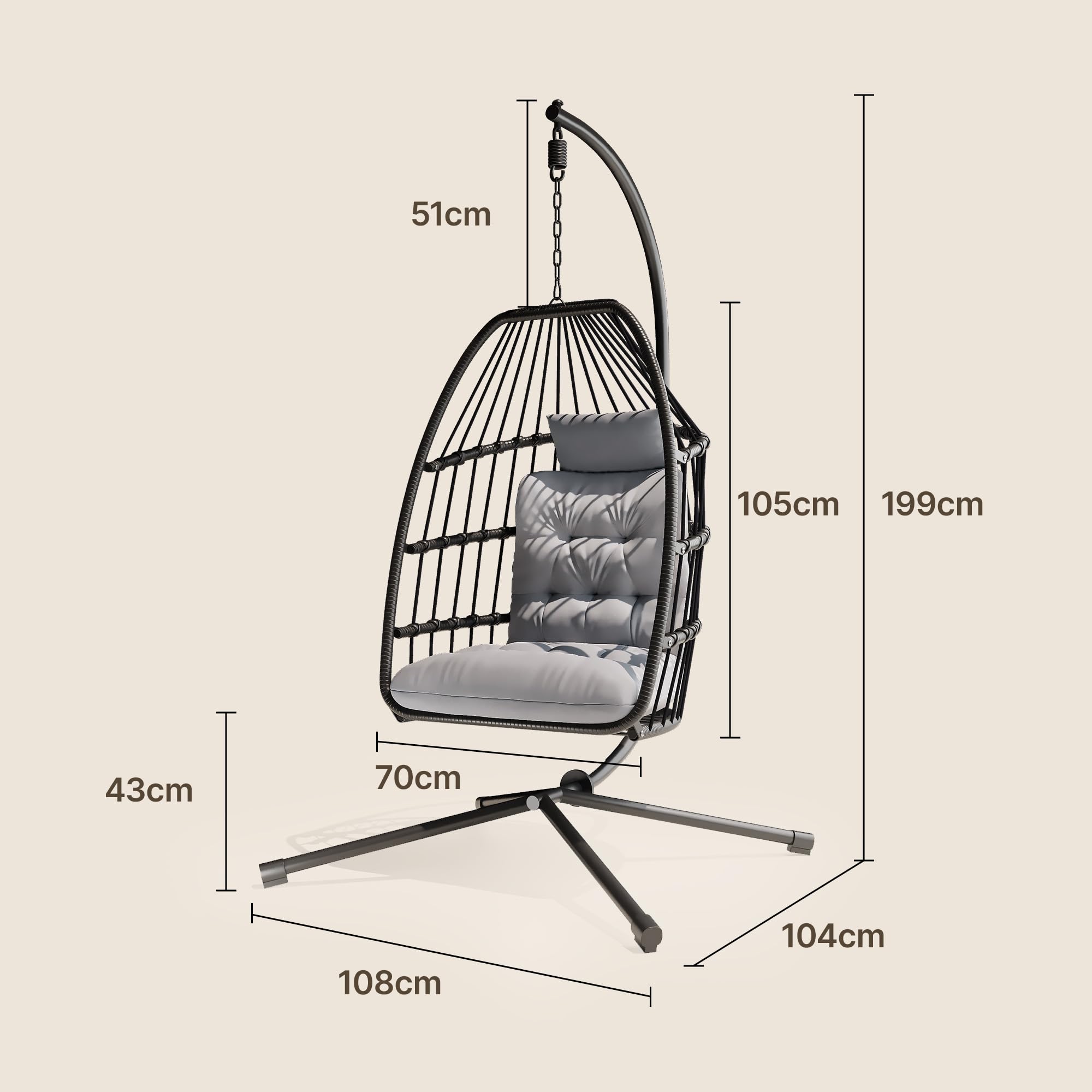 Xbro Silla Colgante de Exterior, Silla Colgante Huevo con Estructura de Acero y 4 Pies en Base, Columpio Jardin Exterior/Interior, Plegable, Capacidad 160Kg - Gris