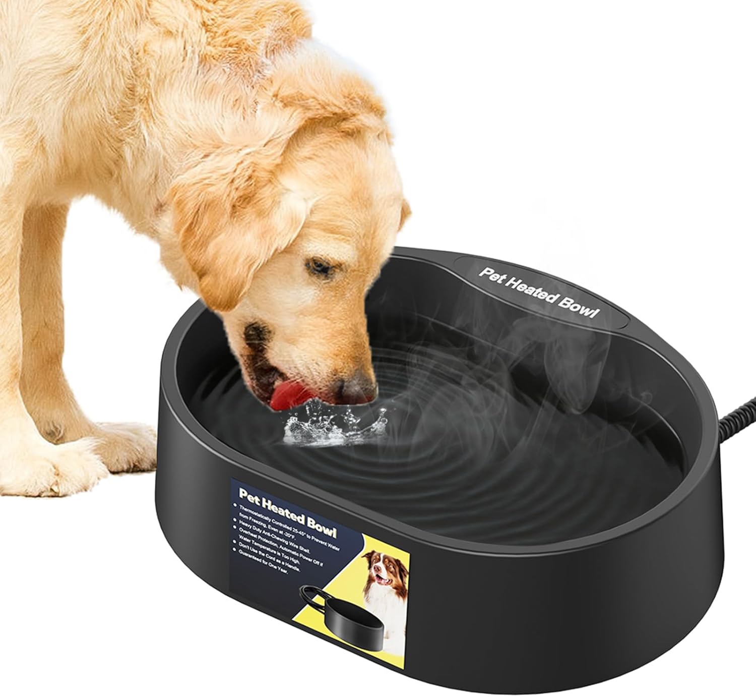 Heated Water Bowl for Dogs and Cats,Large Heated Dog Bowl with Chew Resistant Power, Waterproof Heated Pet Bowls for Outside in Winter,Provide Warmable Water for Dogs, Cats,Birds, (Black