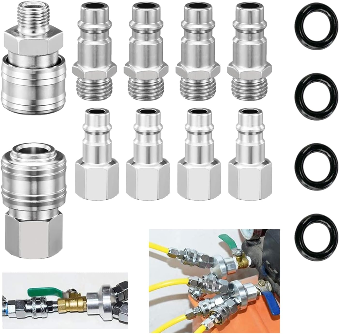 Ylinwtech Compressed Air Coupling with Airtight Ring, Compressed Air Coupling 1/4 Inch BSP Quick Coupling, Push-Fit Pneumatic Connector, for Euro Hose Connector Fittings Set, Pack of 10