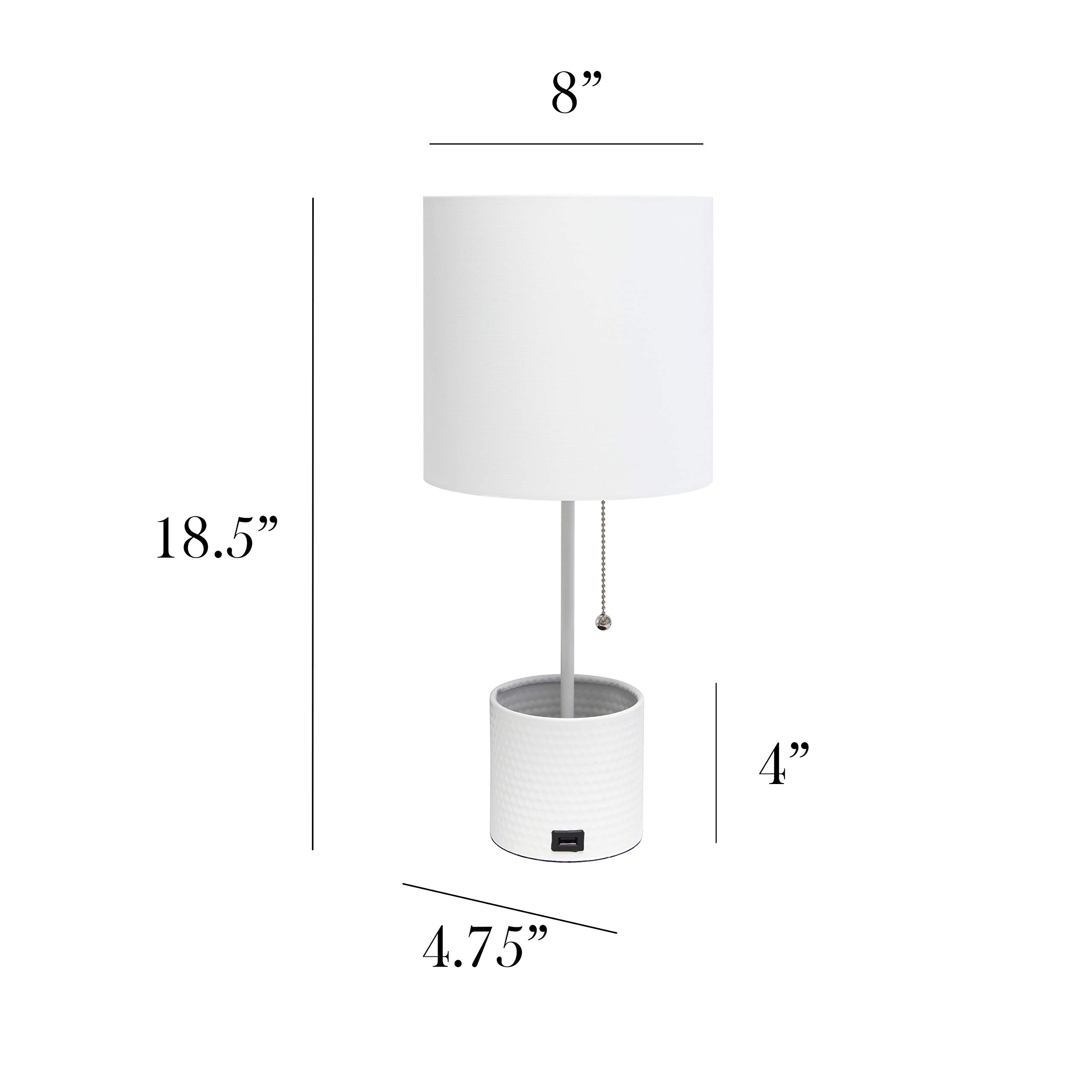 Simple Designs LT1085-WHT Hammered Metal Organizer USB Charging Port and Fabric Shade Table Lamp, White/White