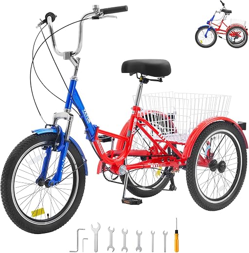 VEVOR Folding Adult Tricycle, 20-Inch 7-Speed Adult Folding Trikes, Carbon Steel 3 Wheel Cruiser Bike with Large Basket &amp; ...