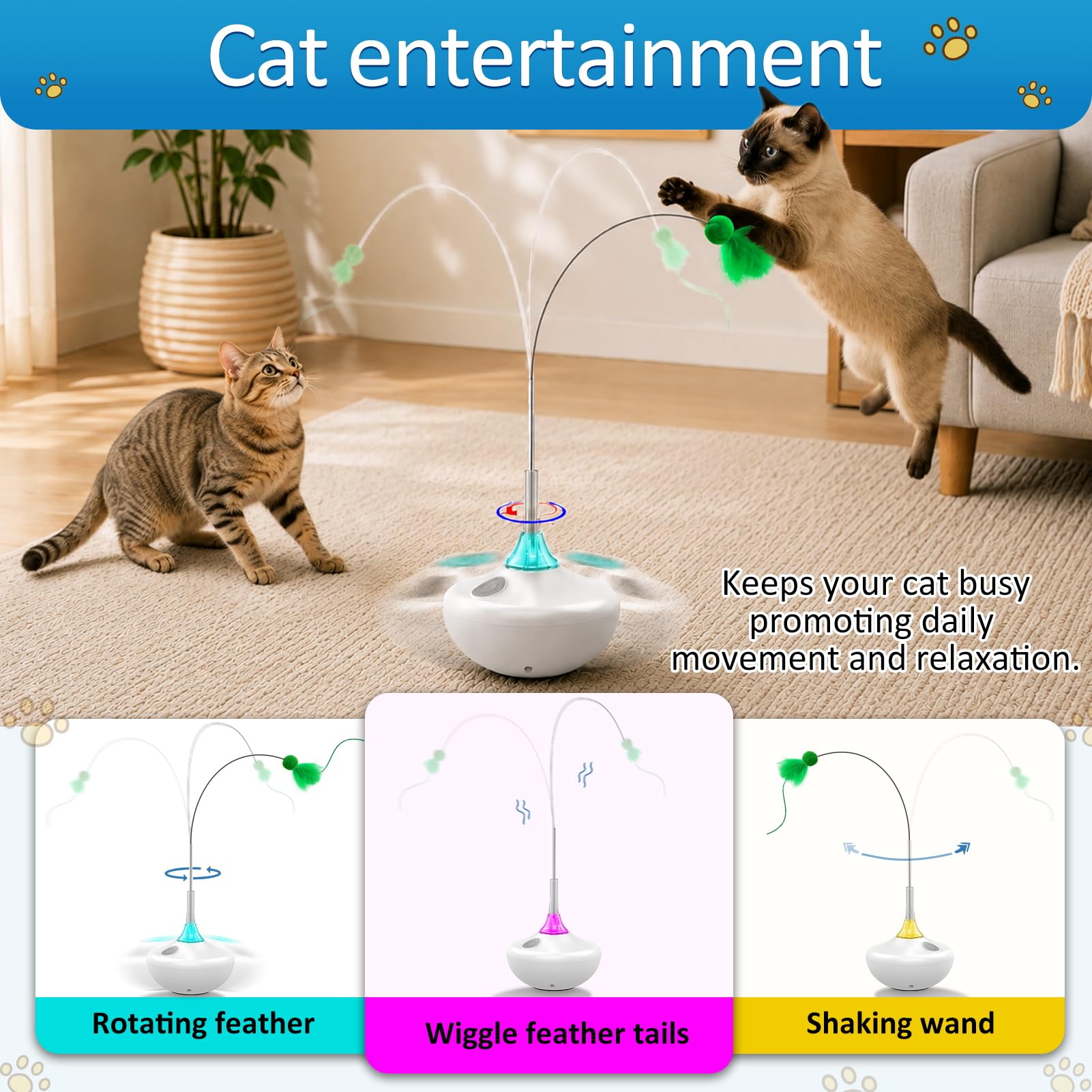 Juguete interactivo para gatos con activación táctil, cintas voladoras de giro automático, juguetes de plumas para gatos de interior, varita de palo de 26 pulgadas, recargable
