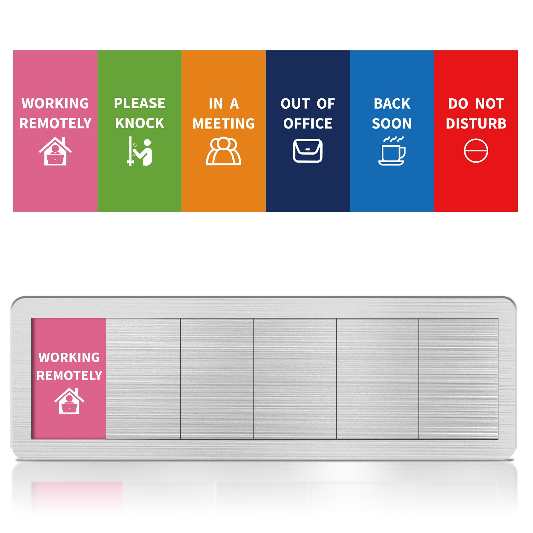 Office Door Signs - 6 Options: Do Not Disturb, Please Knock, In A Meeting, Out Of Office, Working Remotely, Back Soon - Privacy Slider Sign for Meeting & Conference Room - Brushed Silver
