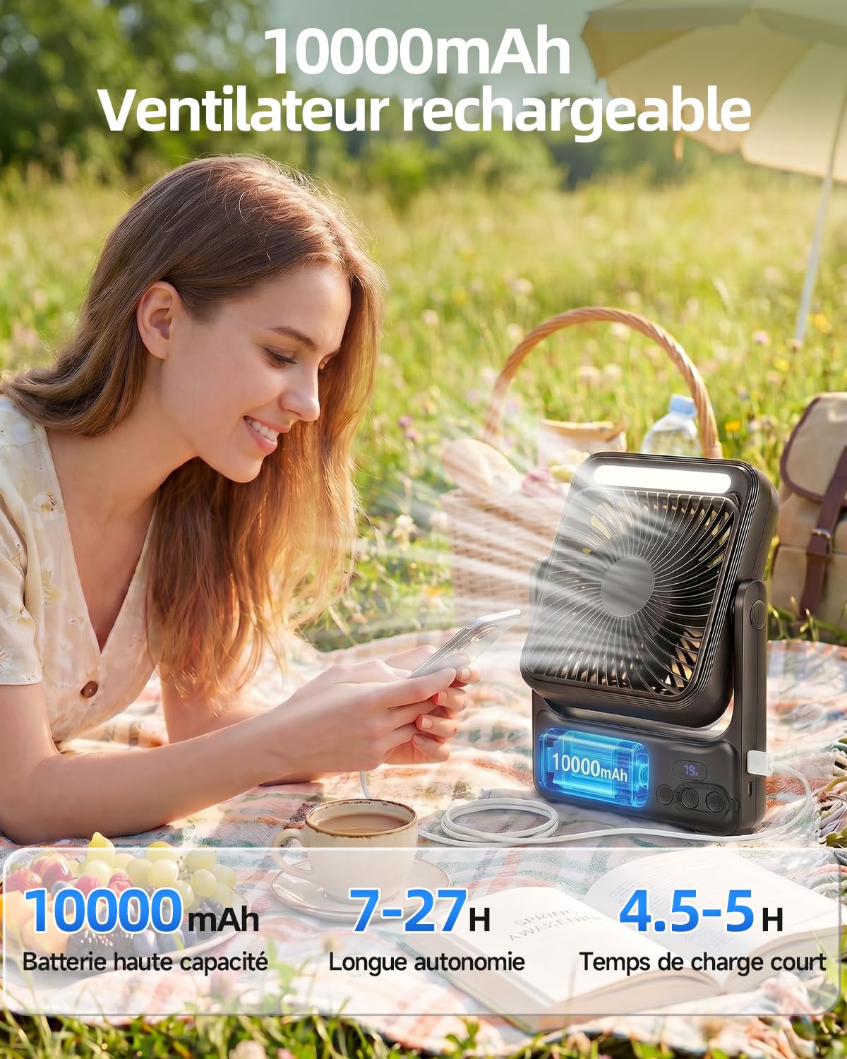 WOWDSGN Ventilateur portable, 10000 mAh Rechargeable Batterie, avec Télécommande, Fixation Magnétique et Suspendue, 4 Vitesses, Timing, Rotation 135°, Pour Camping, Bureau (Noir, Éclairage LED)