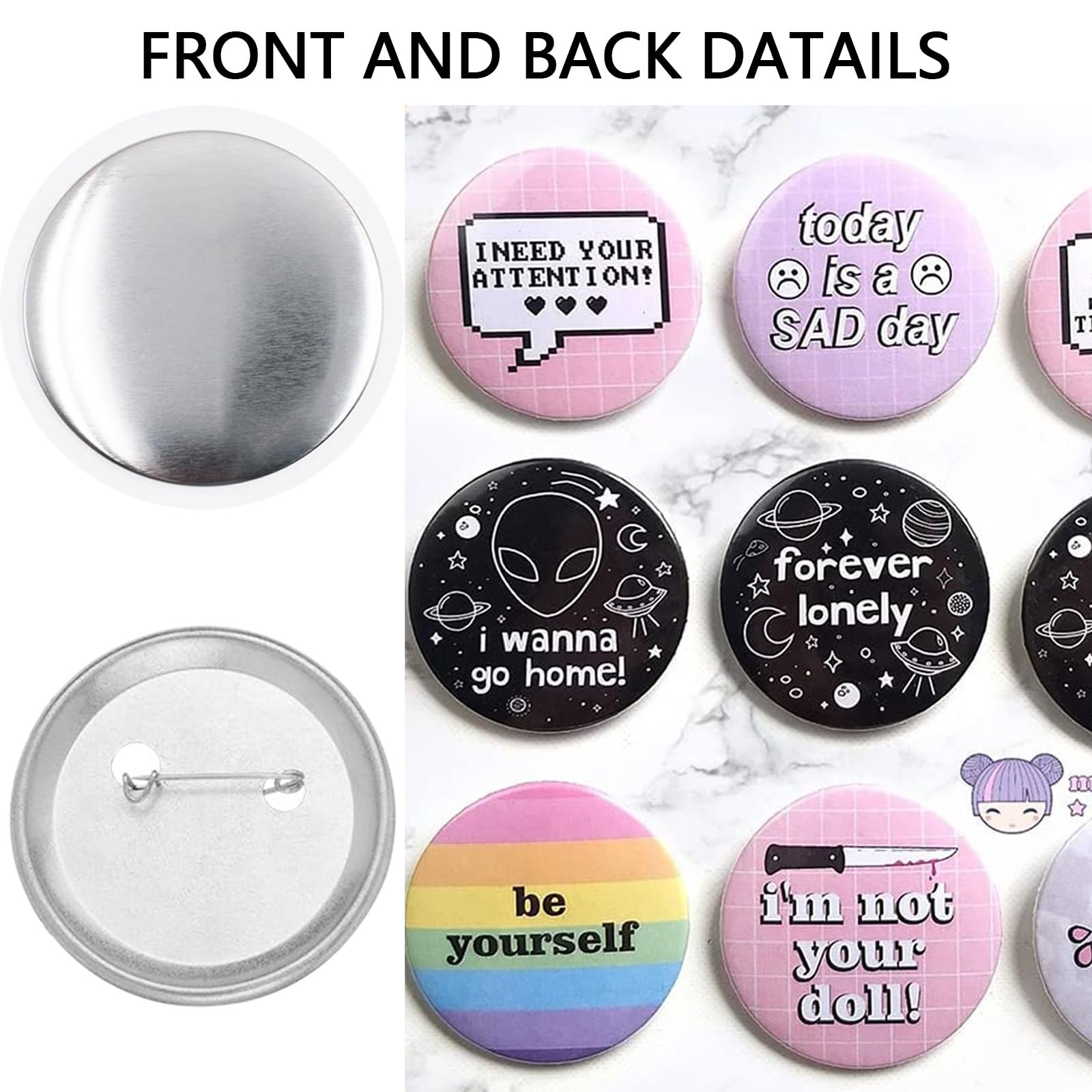 100 pezzi Kit Badge per Button Making Machine, Spille Fai da Te, Spilli Distintivi, per Button Artigianato Fai da Te Tra Cui Coperture in Metallo e Pellicola Trasparente - Fondo di ferro