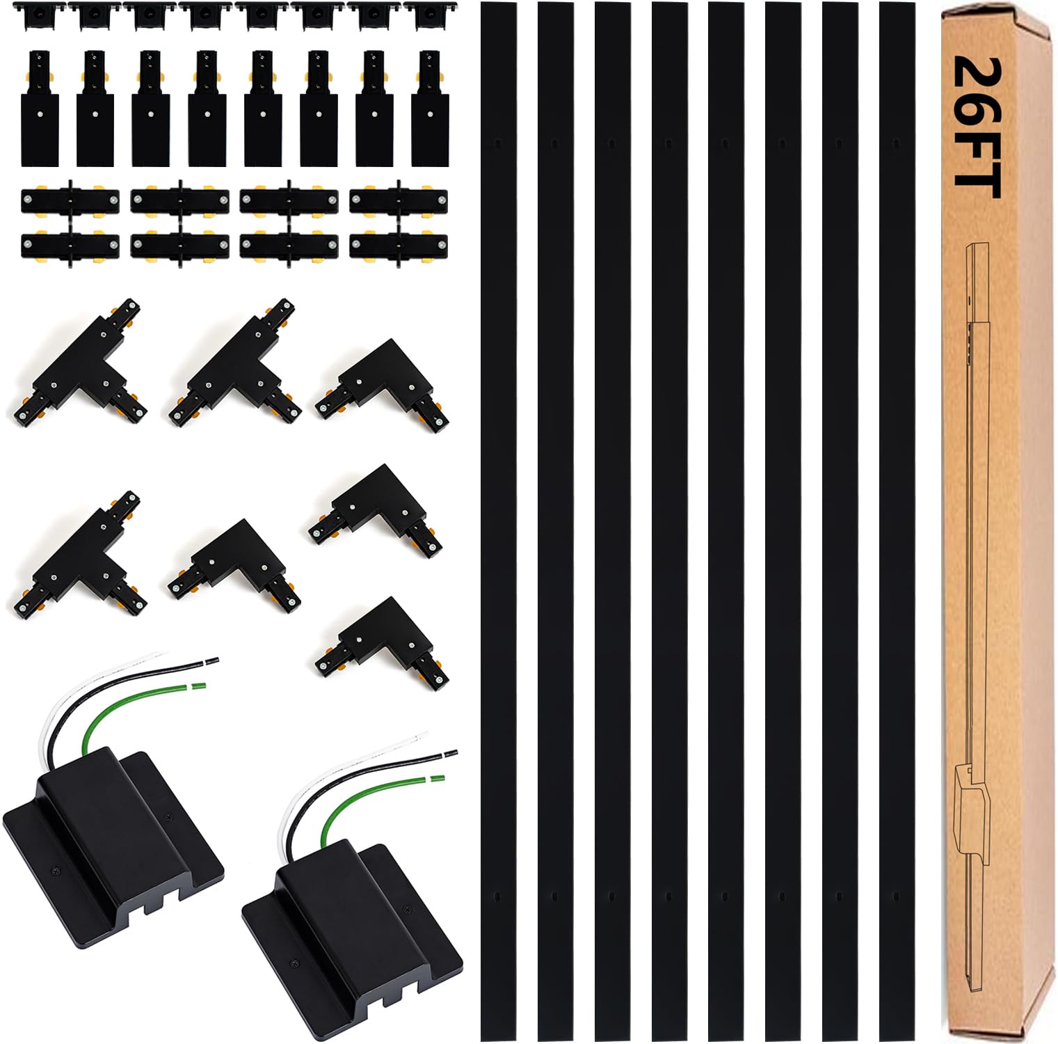 26FT H Track Lighting Rails Kit with Floating Canopy Connector, Black H Type Track Rails with End Caps, Live End Feed and T L Connector, Compatible with Single Circuit H Style Track System