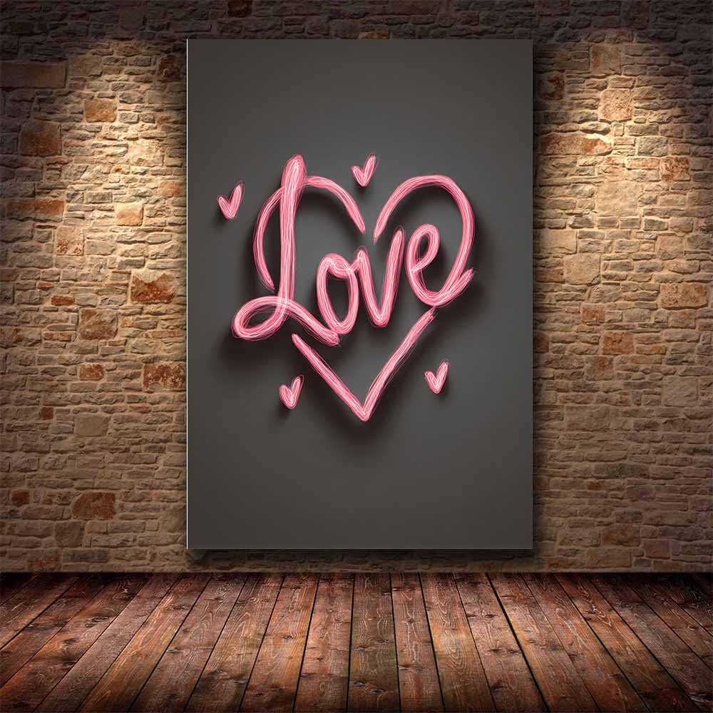 HUYEEI Obrazy ścienne miłość, neonowe serce, sztuka, nowoczesny, minimalistyczny mural, do sypialni, salonu, korytarza, baru, biura (różowy), 60 x 80 cm, oprawiony