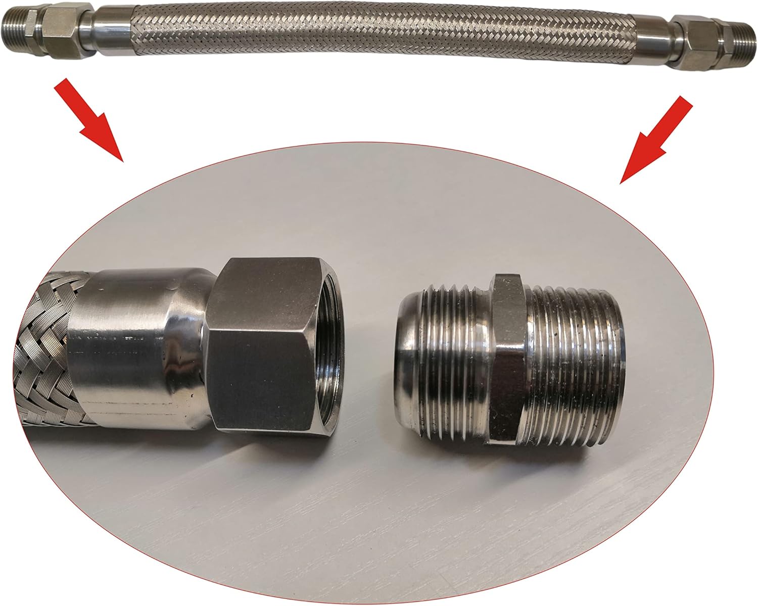 Upgraded Industrial Grade Compressor Jumper Hose, 40"Length 1" NPT Male,750°F, 450 PSI， Both Sides Fittings Rotate Freely, Flexible Whole body Stainless Steel Metal Hose