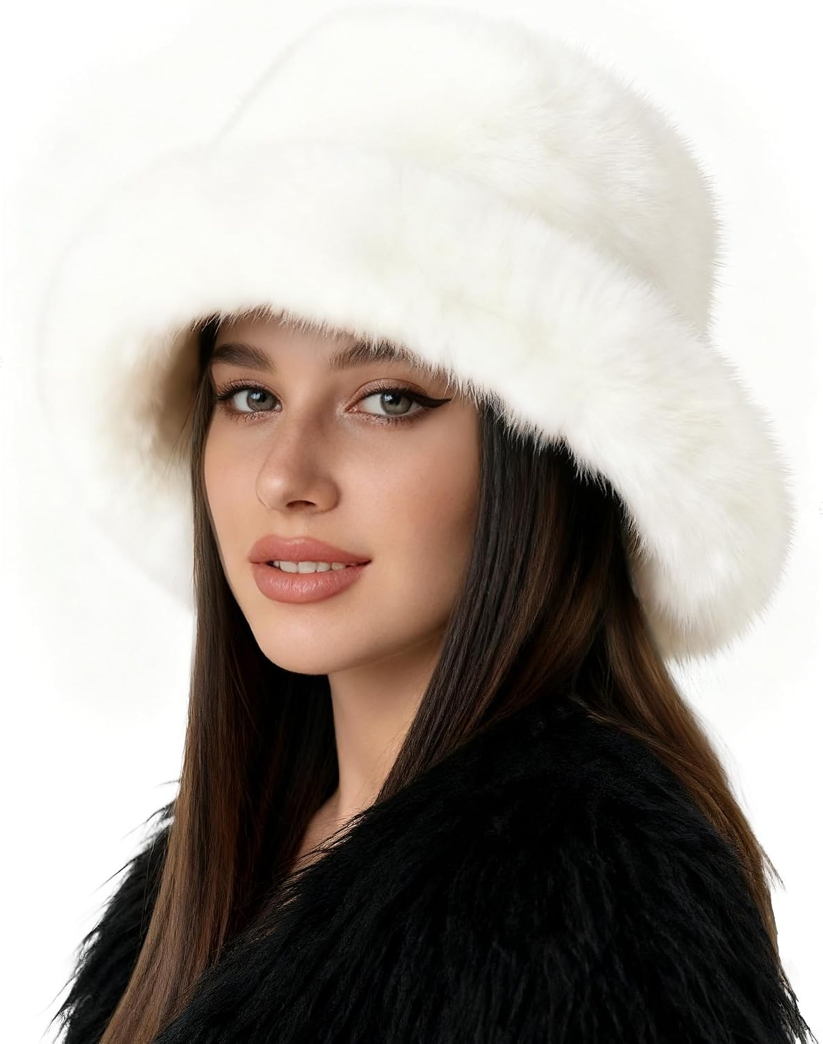 BFONS Women's Fuzzy Bucket Hat, Faux Fur Wide Moldable Brim Hat Warm Fisherman Cap Plush Winter Hat Fashion Outdoor