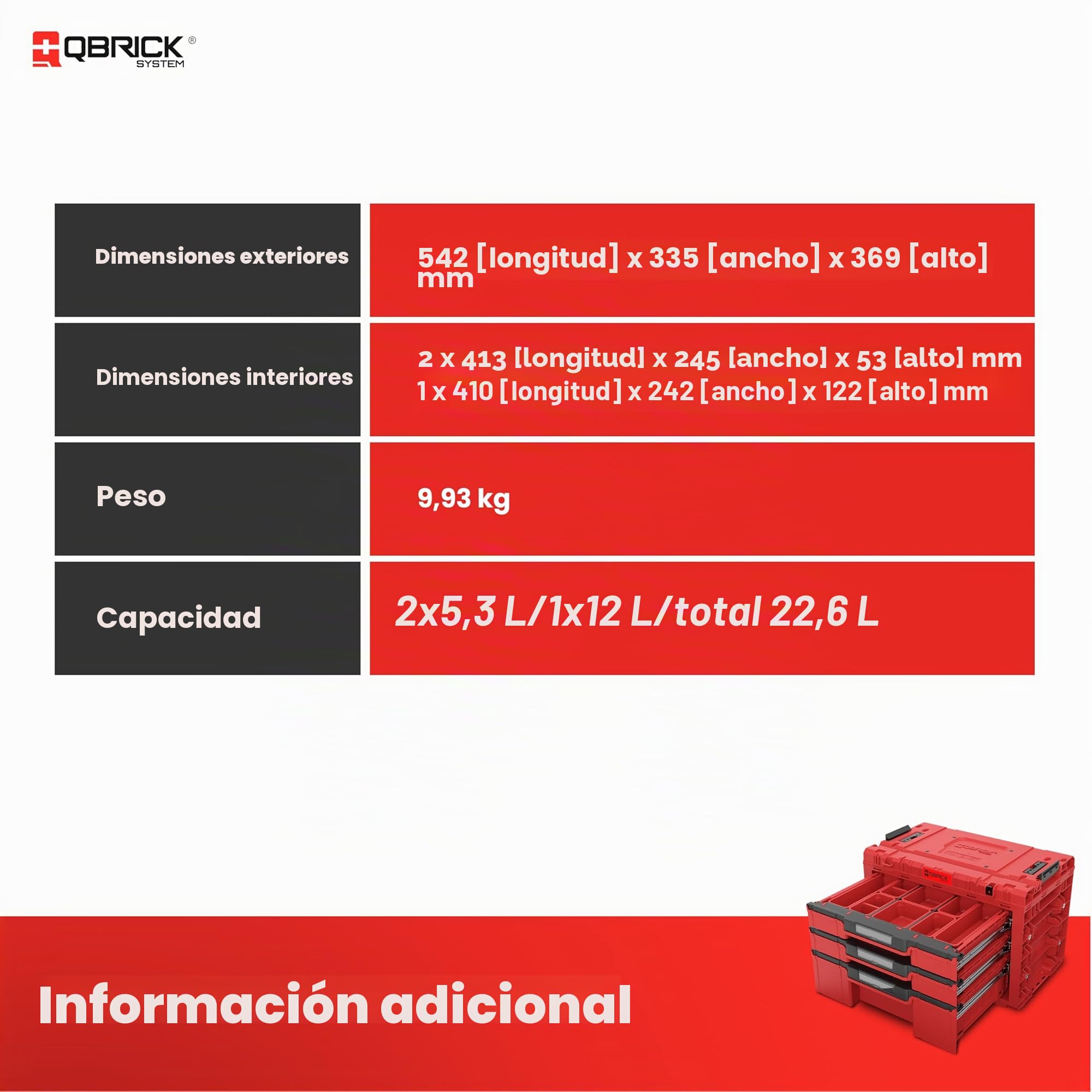 Qbrick System Caja de Herramientas Vacía - 3 Compartimentos - Maletin Herramientas - 542 x 335 x 369 mm Rojo