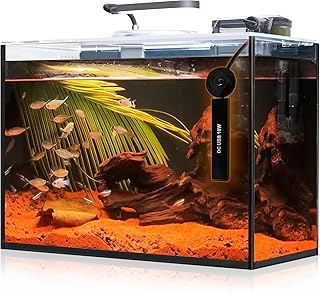 Aquarium Desktop Set 2.6 Gallon Small Fish Tank, Ultra Clear Glass Self Cleaning Filter Bright Light Heater Rocks Gravel Cleaning Tool, Rimless Fish Bowl for Beginners Starter Kit Keeping Betta Shrimp