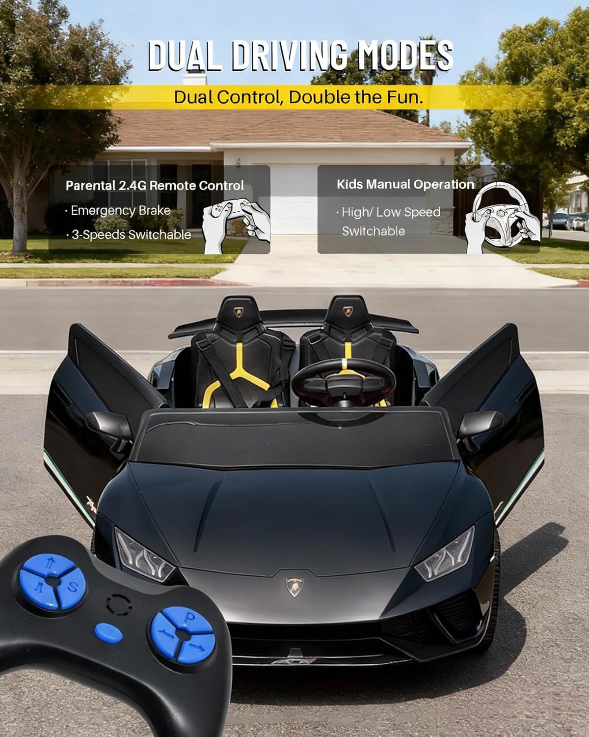 Blitzshark 24V 2 Seater Kids Ride on Car Compatible for Lamborghini Electric 4WD, with 4X75W Motors, 7AH Big Battery, 2.4G Remote Control, Suspension, Fantastic Lights & Music, Black