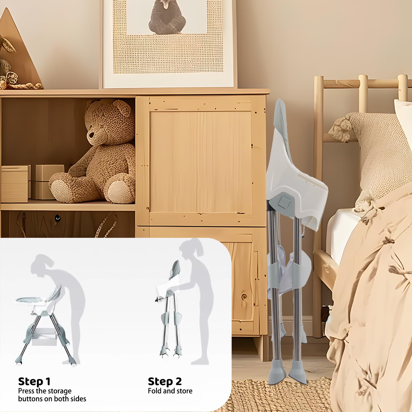 Trona Plegable para Bebé con Bandeja Extraíble y Ruedas,Altura Regulable,Combinación de Funciones para Bebés y niños Pequeños