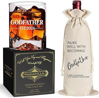 Godfather Ice Tip Mountain Whiskey Glass with Wine Bag for Pregnancy Announcement, Est2026 Promoted to Godfather, Baptism Gift