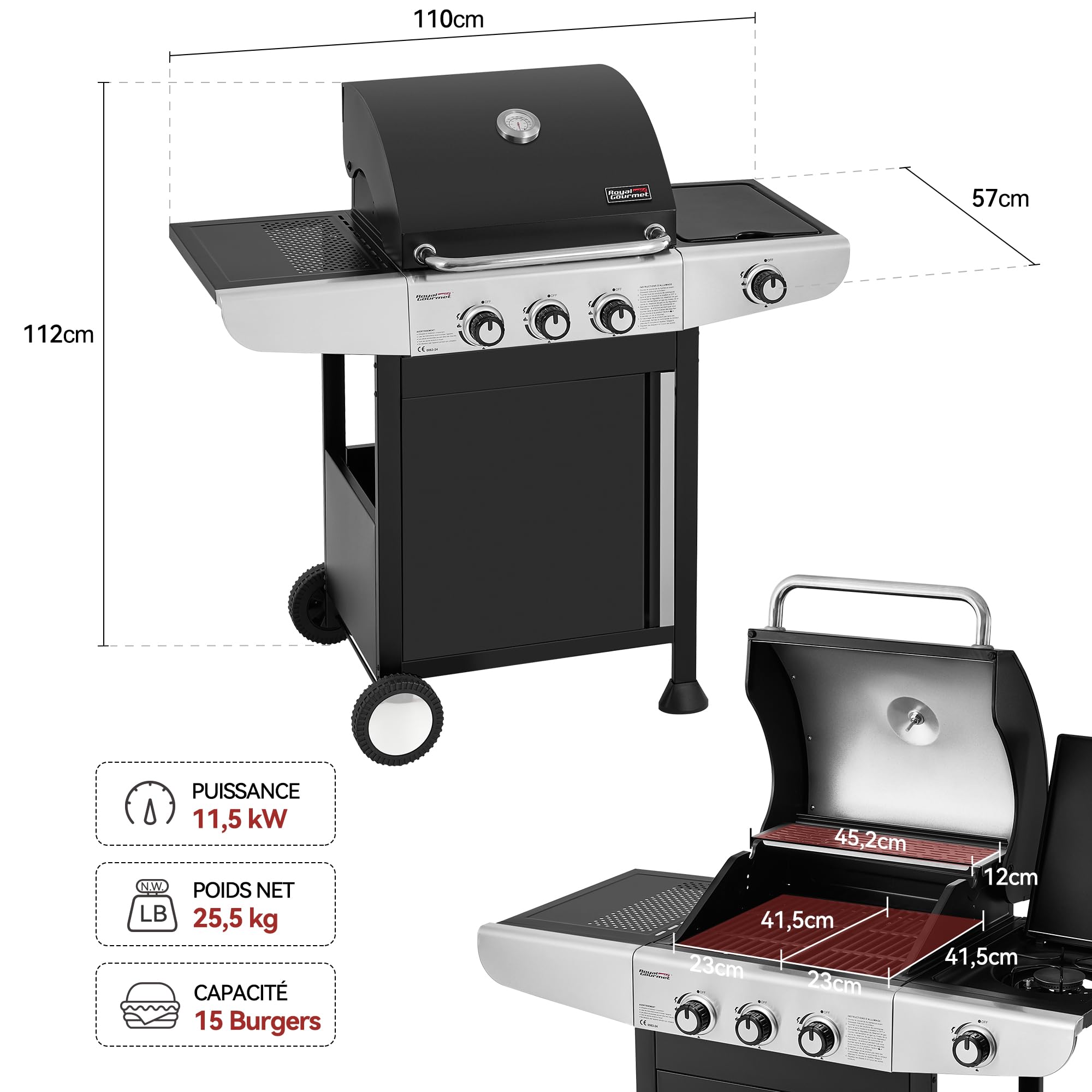 Royal Gourmet Barbecue Gaz à 3 Brûleurs avec Brûleur Latéral, Gril à Gaz sur Chariot de Puissance 11,5 KW avec 2 Grille en Fonte et 2 Tables d’Appoint, Adapté pour Jardin et Extérieure, Argent