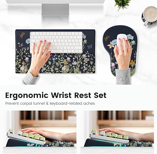 Miniatura 2 de Ospelelf Almohadilla Ergonómica para Mouse y Soporte con Reposamuñecas para Teclado, Comodidad de Espuma Viscoelástica, Alivio del Dolor para Flores