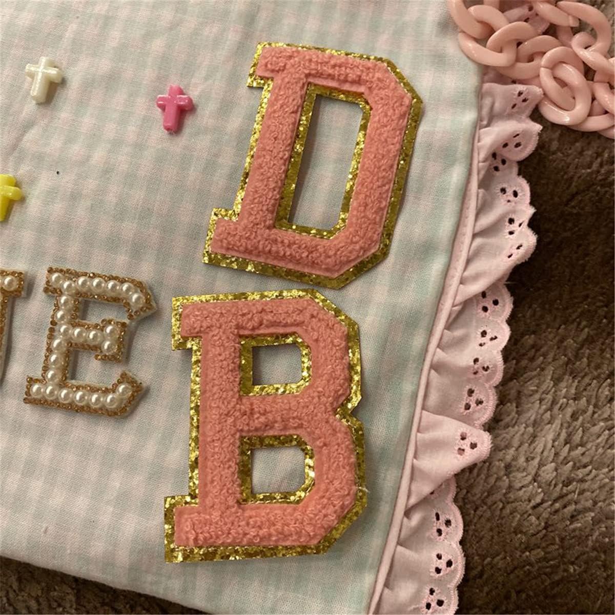 26 Pcs A-Z Towel English Letter Patch, Letter Iron-On Patch Embroidery Patches for Clothes Sew On Appliques Decorative Letter with Gold Border DIY Clothes Sticker Bag Jeans Applique, Pink