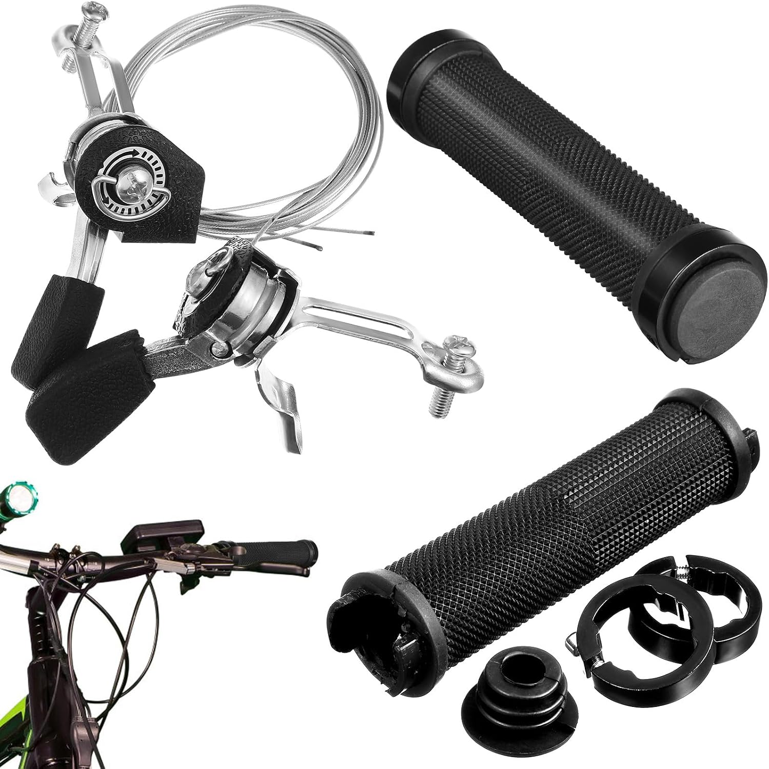 Kisangel Bicycle Gear Shift Levers and Handle Grips Set, Black Twist Speed Shifters with Brake Lever Replacement for Mountain Bike Handlebars, 4pcs Cycling Accessories for Outdoor Riding