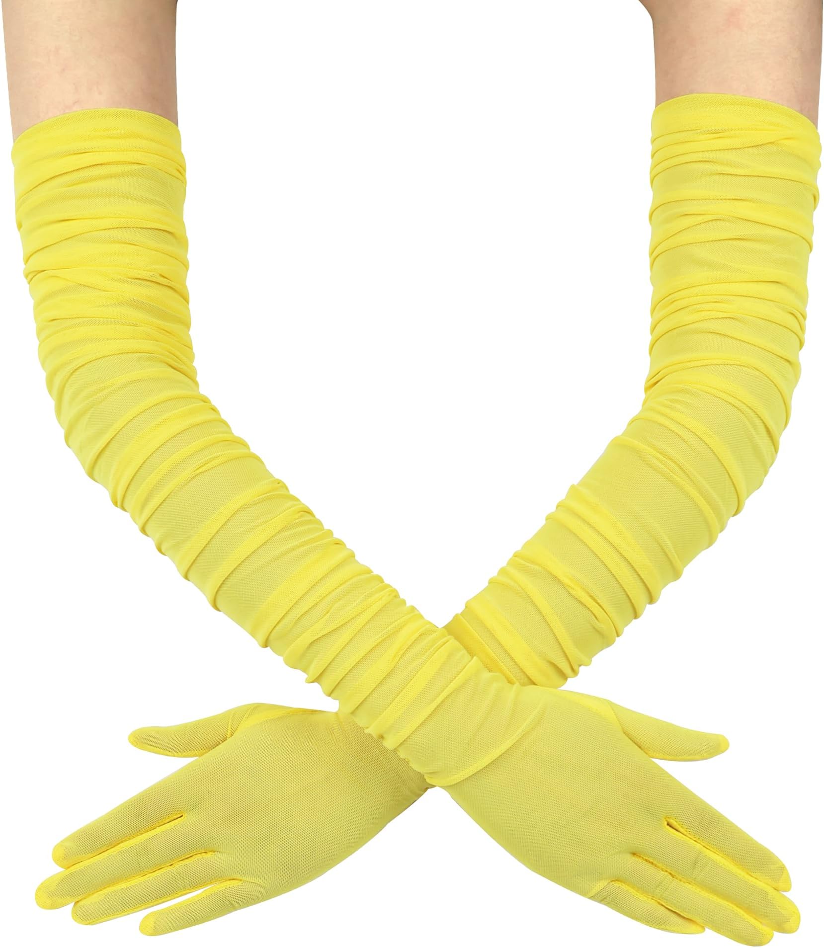 QRBTSCL Women's Stretchy Super Long Tulle Gloves Ruched Mesh Sheer Gloves for Evening Hallowmas Opera Party