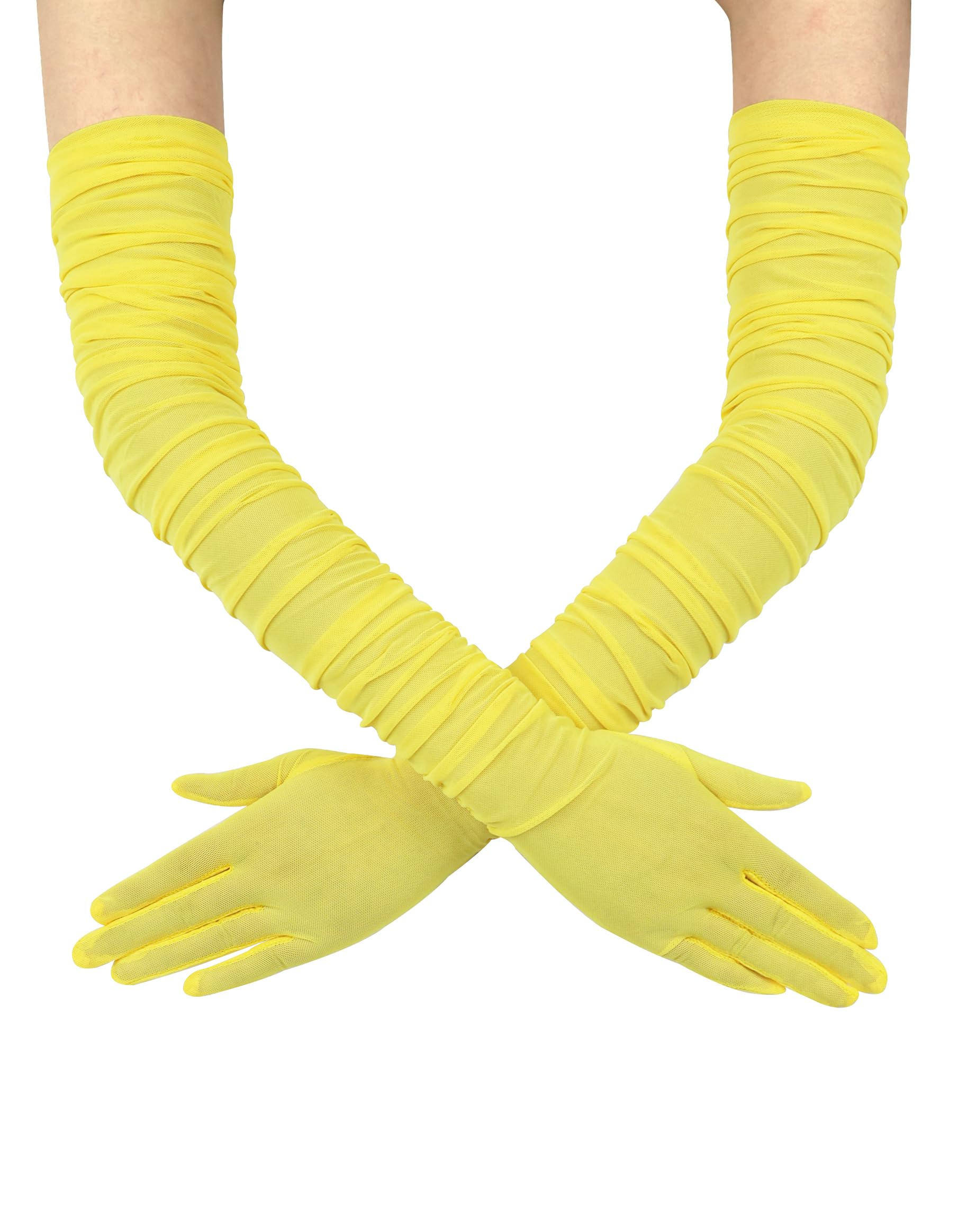 QRBTSCL Women's Stretchy Super Long Tulle Gloves Ruched Mesh Sheer Gloves for Evening Hallowmas Opera Party