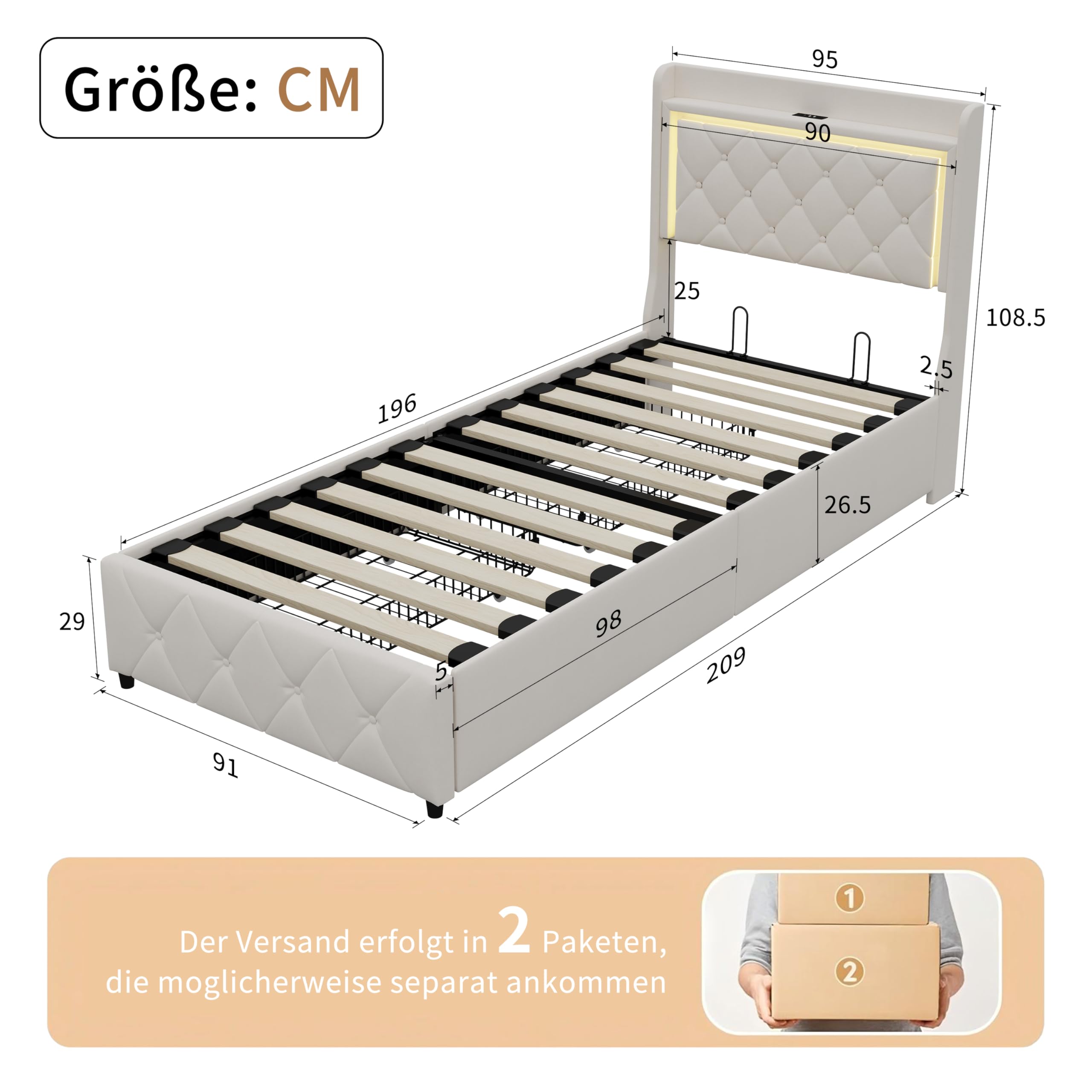 Letto imbottito singolo, 90 x 200 cm, con LED e USB, per bambini con 2 cassetti, con testiera e rete a doghe, in velluto, senza materasso (beige-B)