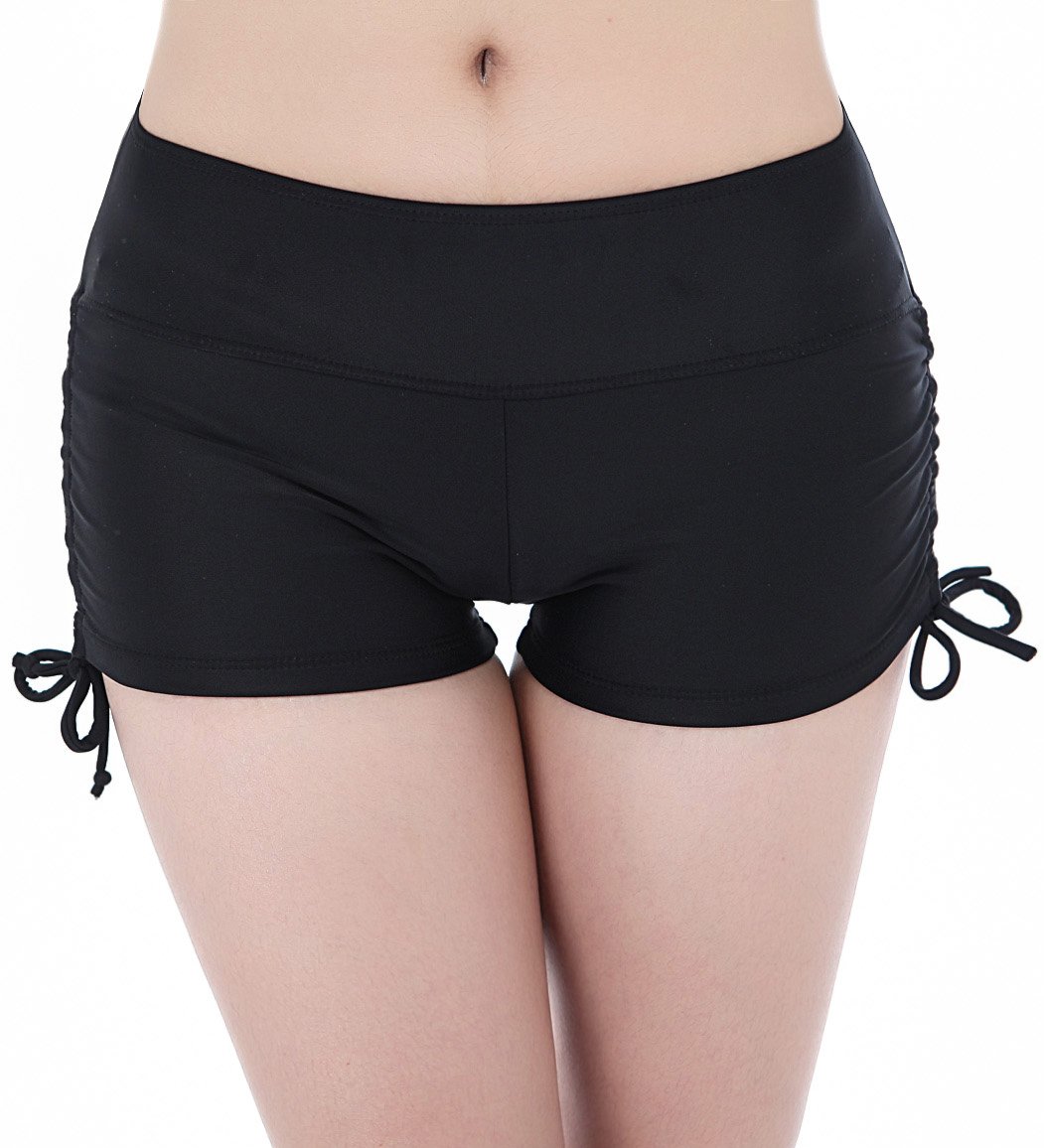 FLYILY Women's Sports Swim Shorts with Adjustable Drawstring Mini Boyshorts Bikini Swimwear Tankini Bottoms Black