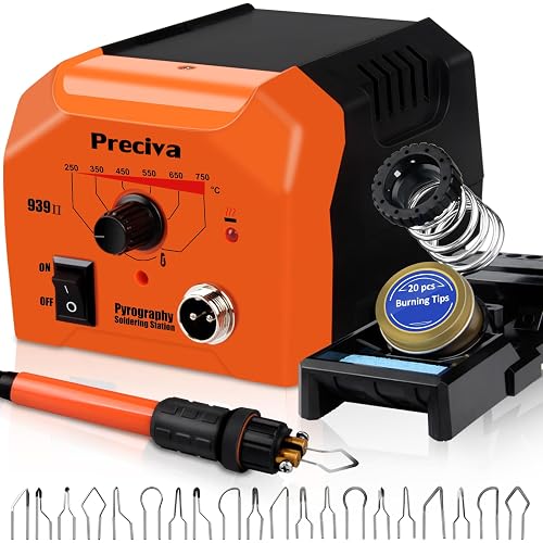 Preciva Wood Burning Kit, Wood Burning Pen 40W Adjustable Temperature 482°F ~ 1382°F, Wood Burning Tool Kit with 20pcs Tips Heat-Resistant Handle for Wood & Leather Crafts