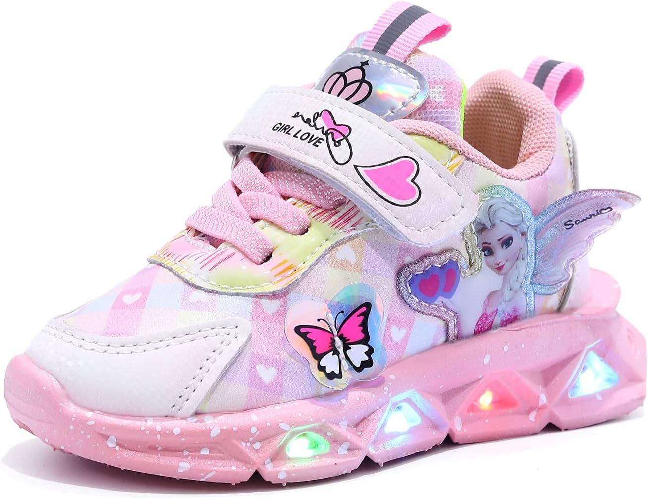 Elsa Shoes Girls,Children Shoes Leather Waterproof,Light up Shoes Trainers Fashionable Lightweight Toddler Shoes Flashing Girls Sports Shoes Running with Wings for Spring Summer Autumn (Color : Pink