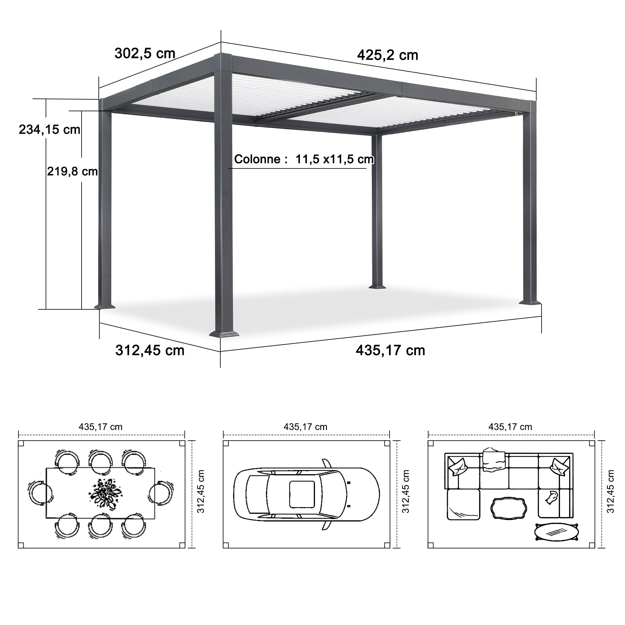Pergola bioclimatique 4,25 x 3 m – Lattes réglables en aluminium gris avec poteaux blancs pour jardin contemporain et terrasse