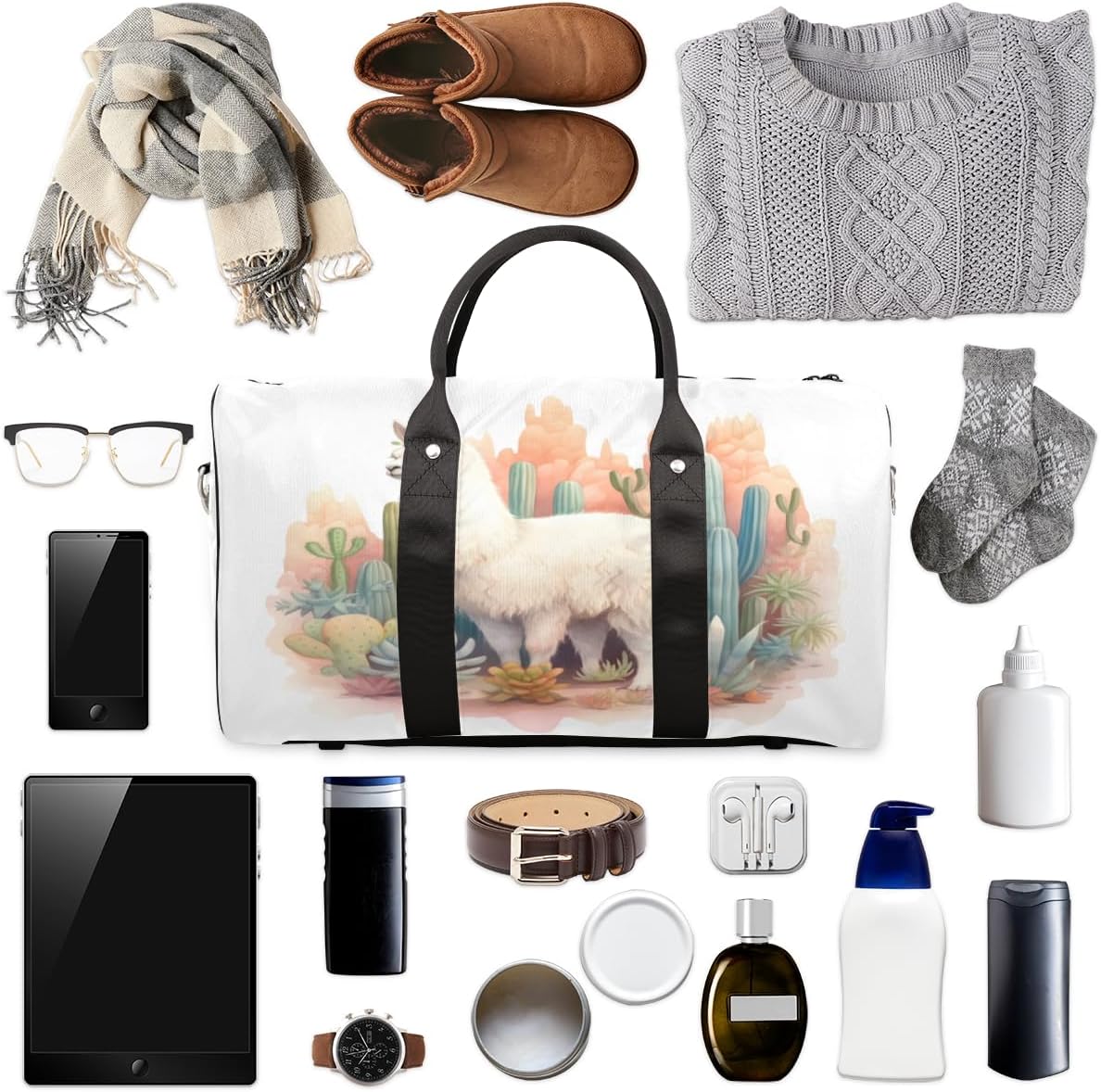 Watercolor Alpaca Cactus Travel Duffel Bag for Women Men Large Capacity Overnight Weekender Bags for Lightweight Waterproof Sport Gym Bag for Workout Yoga Swim