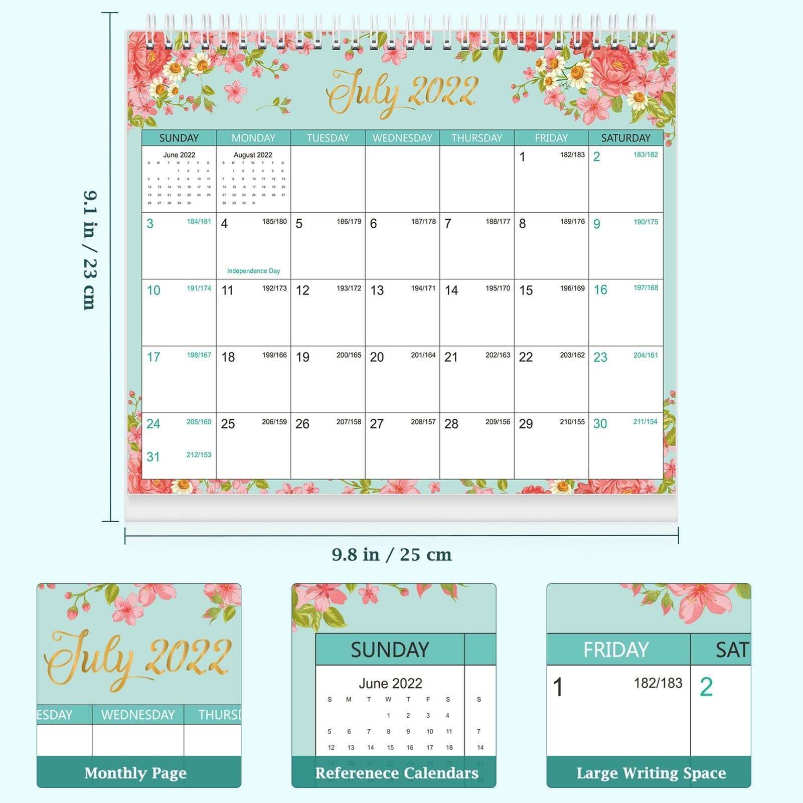 QINGGANGLING999 Bürokalender Floraler Desktop-Kalender 2022 Jan.-Dez. Stehender Schreibtischkalender Twin-Wire Gebundener Kalender Planer for Home Office School Tischkalender Wochenplaner