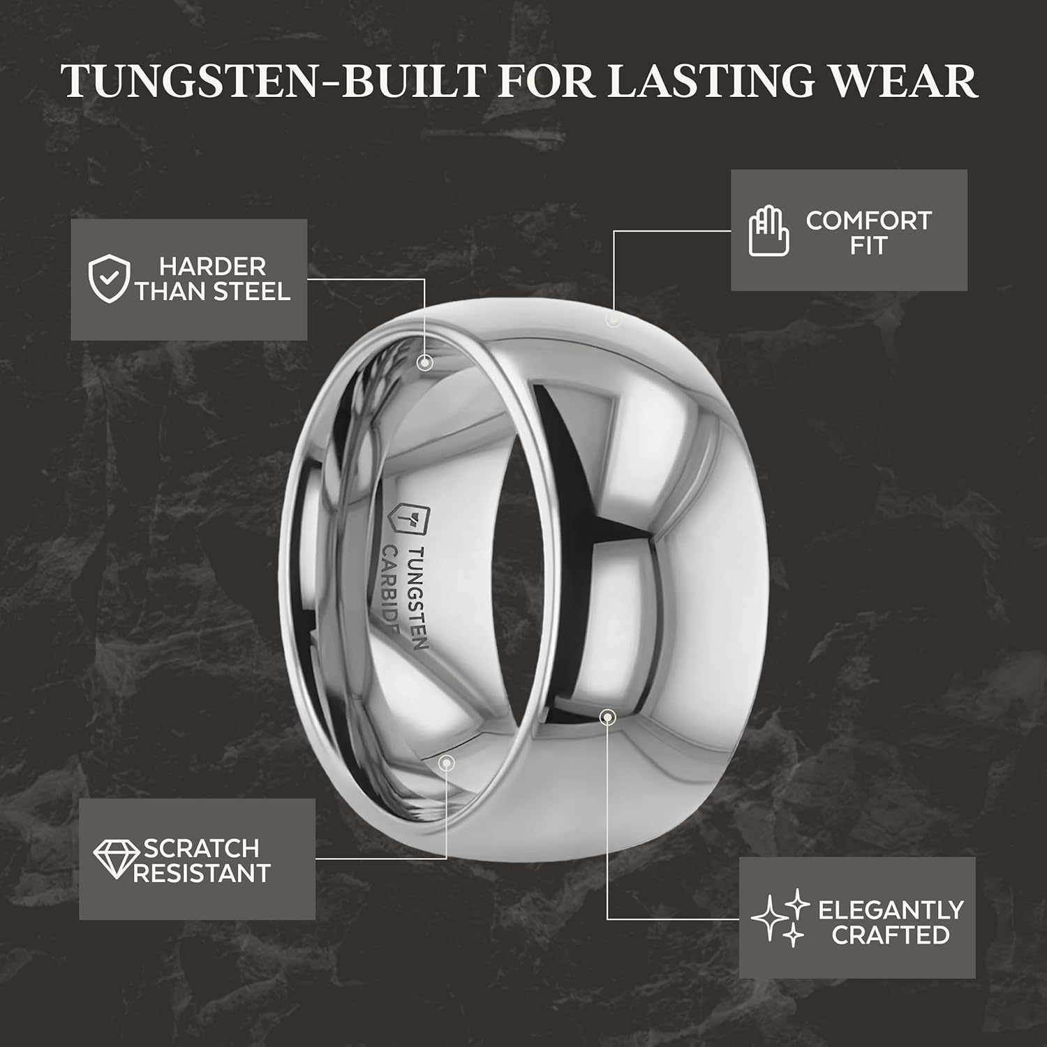 Thorsten Dominus Tungsten Carbide Mens Wedding Ring - Traditional Domed Comfort Fit Mens Wedding Band - Durable and Stylish Ring for Him