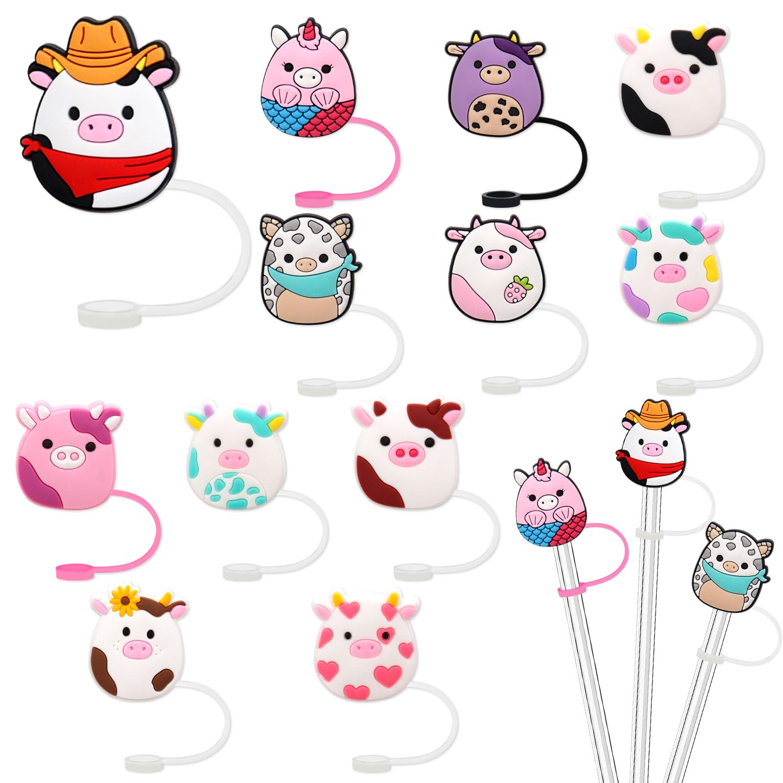 GADITIEKStraw Covers Cap for Stanley Cup, 10mm Dust-Proof Silicone Straw Toppers, Reusable Straws Cover Tips for Stanley 40/30 Oz Tumbler Accessories (12PCS Piggy)