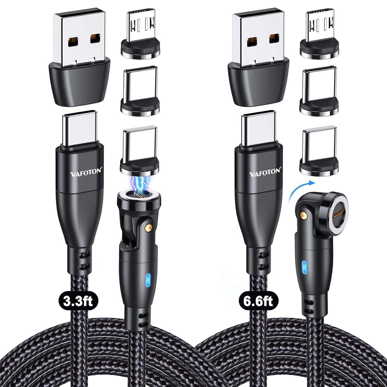 9-Pin 540° Rotating Magnetic Charger Cable , 6 in-1 Magnetic Phone Charger Cable PD 60W/3A Fast Charger Cord USB C to USB C Magnetic Charging Cable for Micro USB/Type C/i-Products (3.3FT+6.6FT)