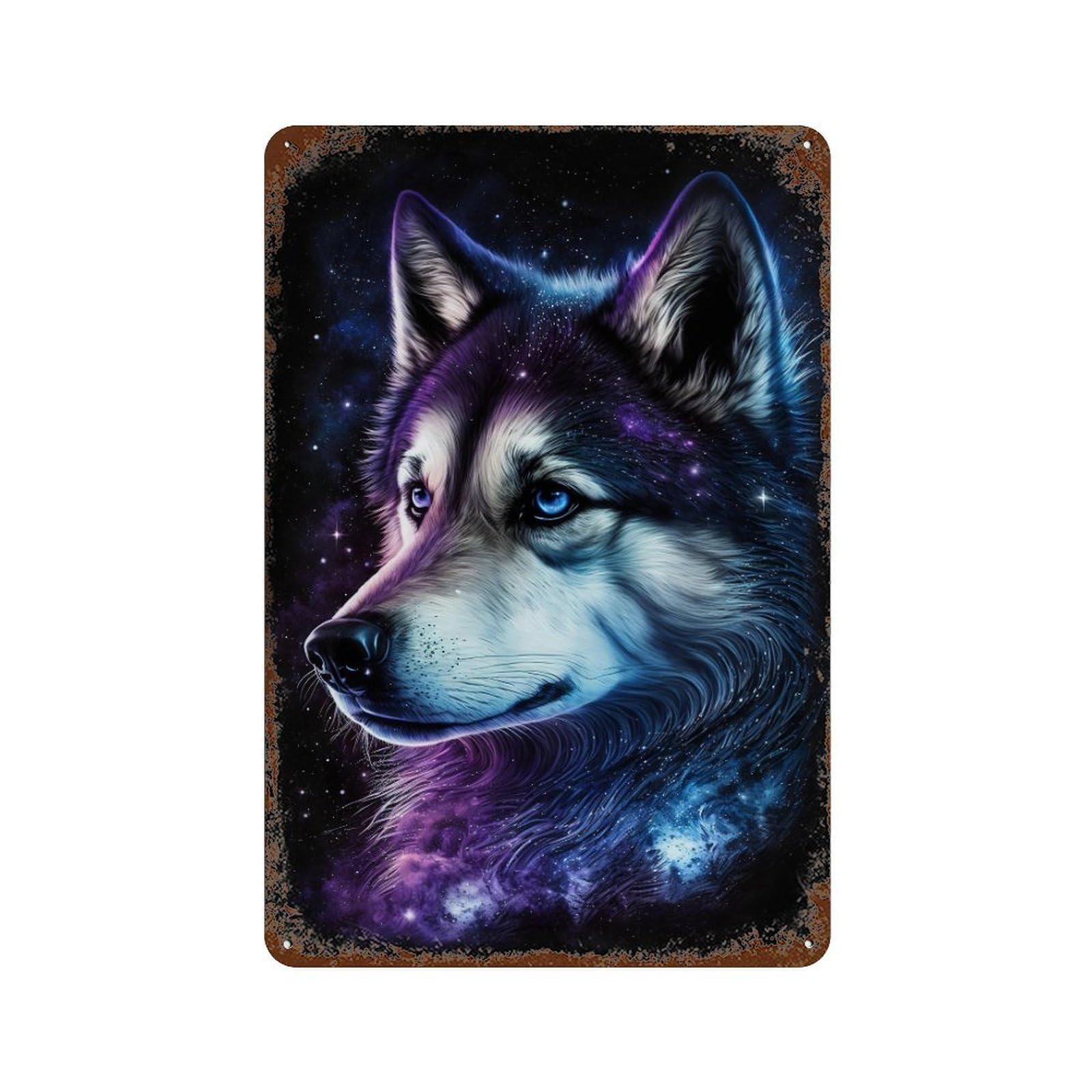 Galactic Wolf Portrait Art Print Distressed Metal Wall Sign 11.8"x7.9", Industrial Home Decor for Garage, Pub Or Kitchen