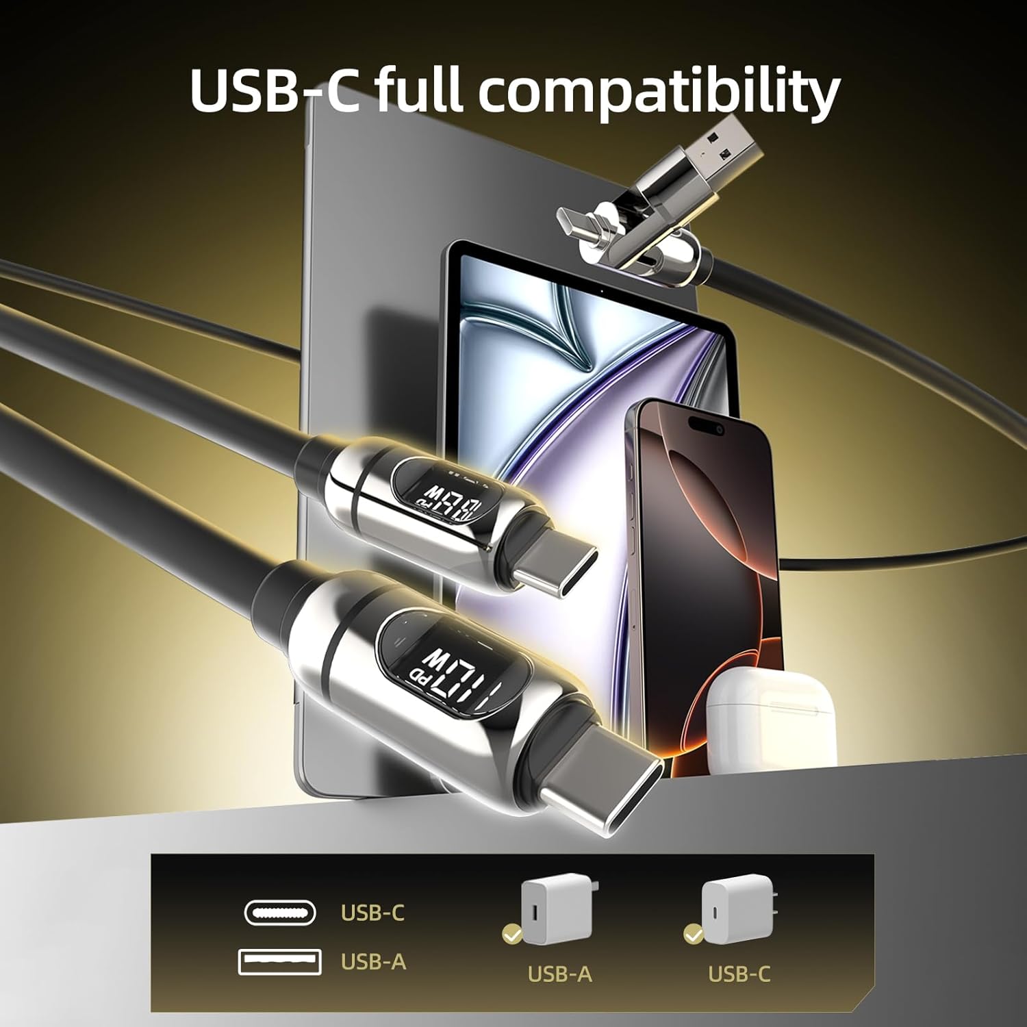 MFish 140W Smart 2-in-1 USB-C Charging Cable with LED Power Display, PD 3.1 Dynamic Power Allocation, Charge MacBook Pro & Phone Simultaneously, Liquid Silicone, Data Sync, 5FT Black